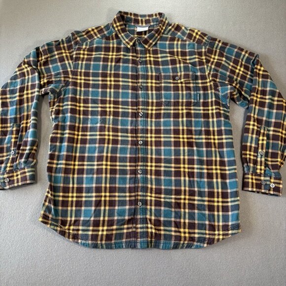 Columbia Lined Flannel Shirt Mens XL Blue Brown Plaid Long Sleeve Shacket Heavy - Picture 1 of 16